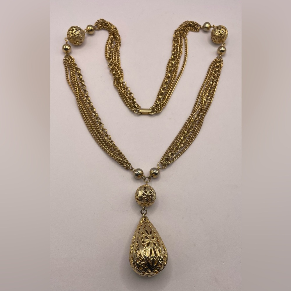 Vintage Gold Tone Festoon Multi Chain Necklace Filigree Sphere Tear Drop Pendant - Picture 1 of 8